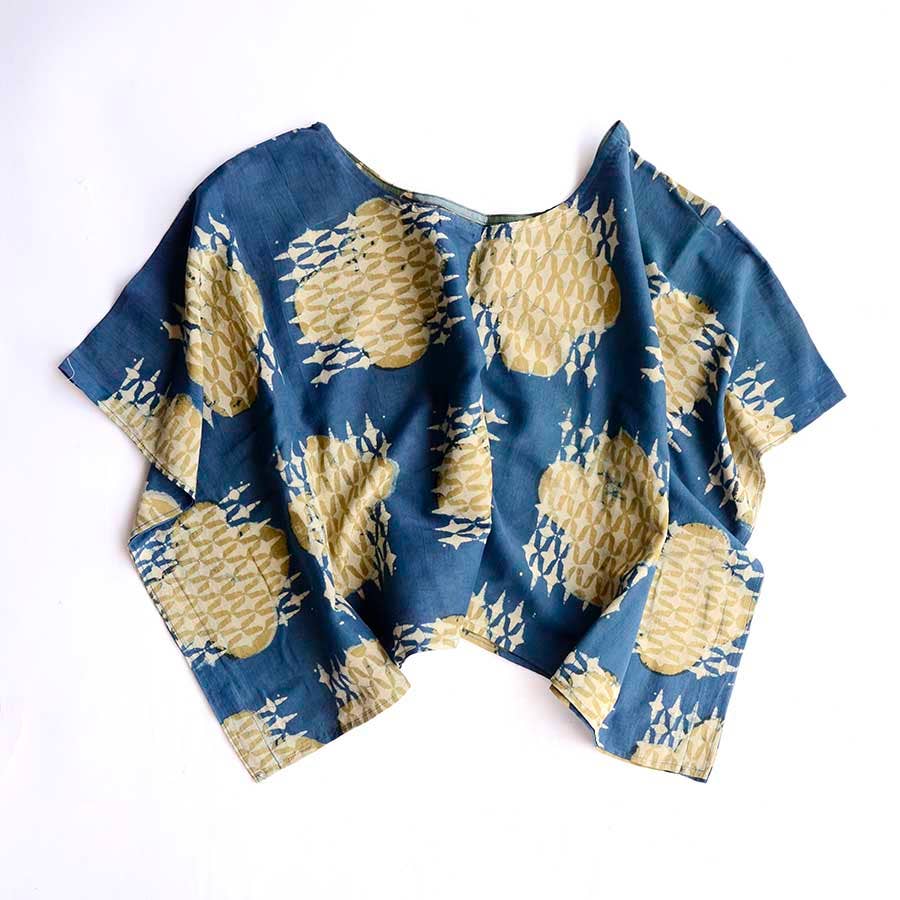 Blue Sheer Silk Cotton Blouse Block Print Crop Top - IRA