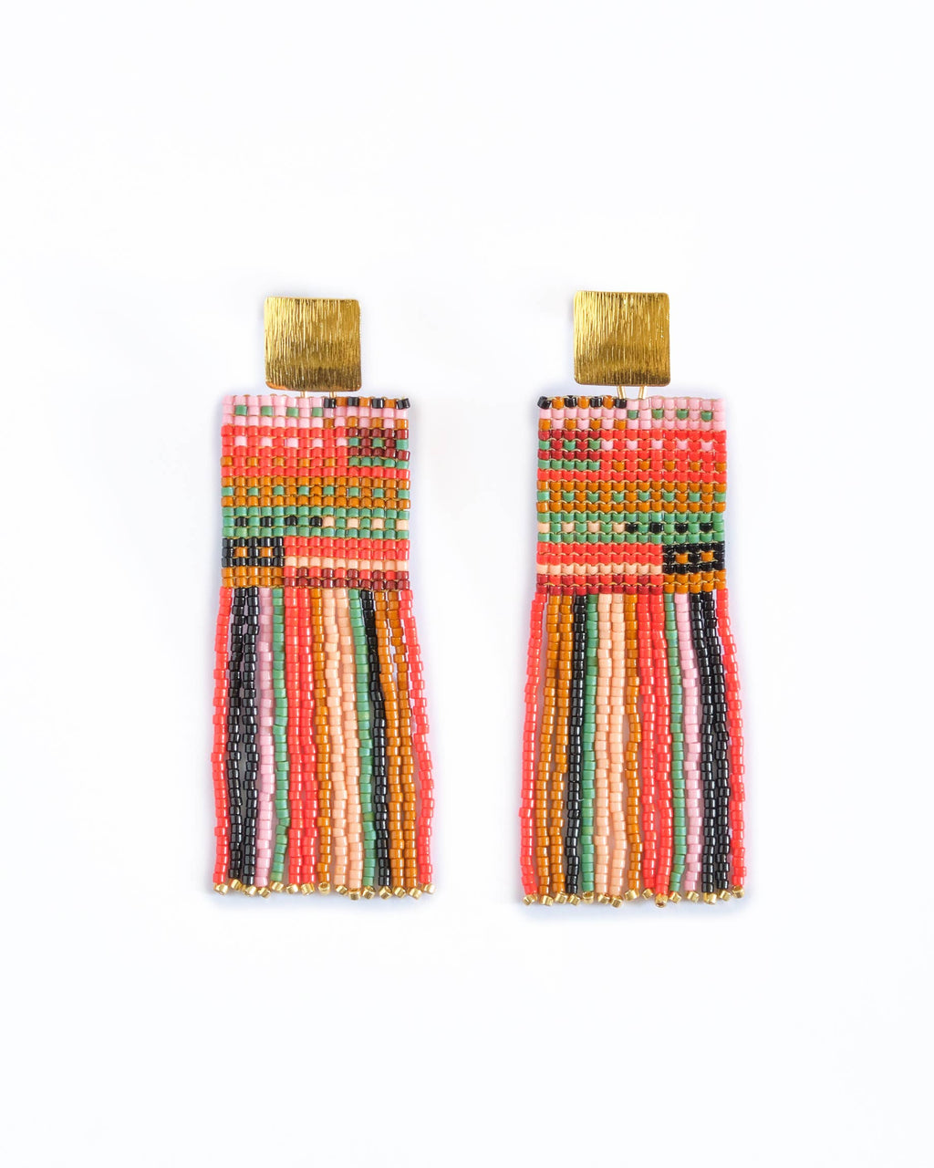 Beaded Handwoven Striped Knit Fringe Earrings (Warmed Earth)
