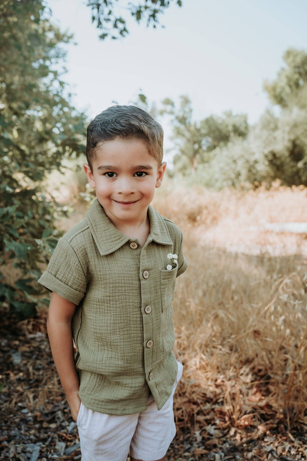 Organic short sleeve button up shirt in Olive Green