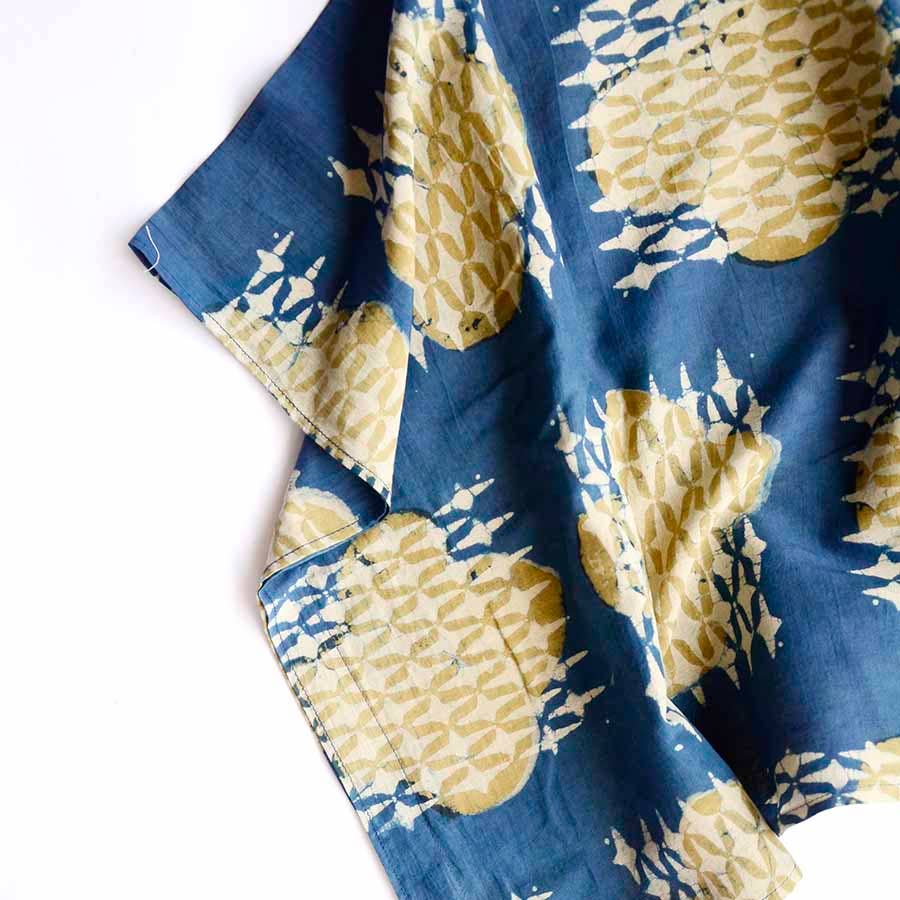 Blue Sheer Silk Cotton Blouse Block Print Crop Top - IRA