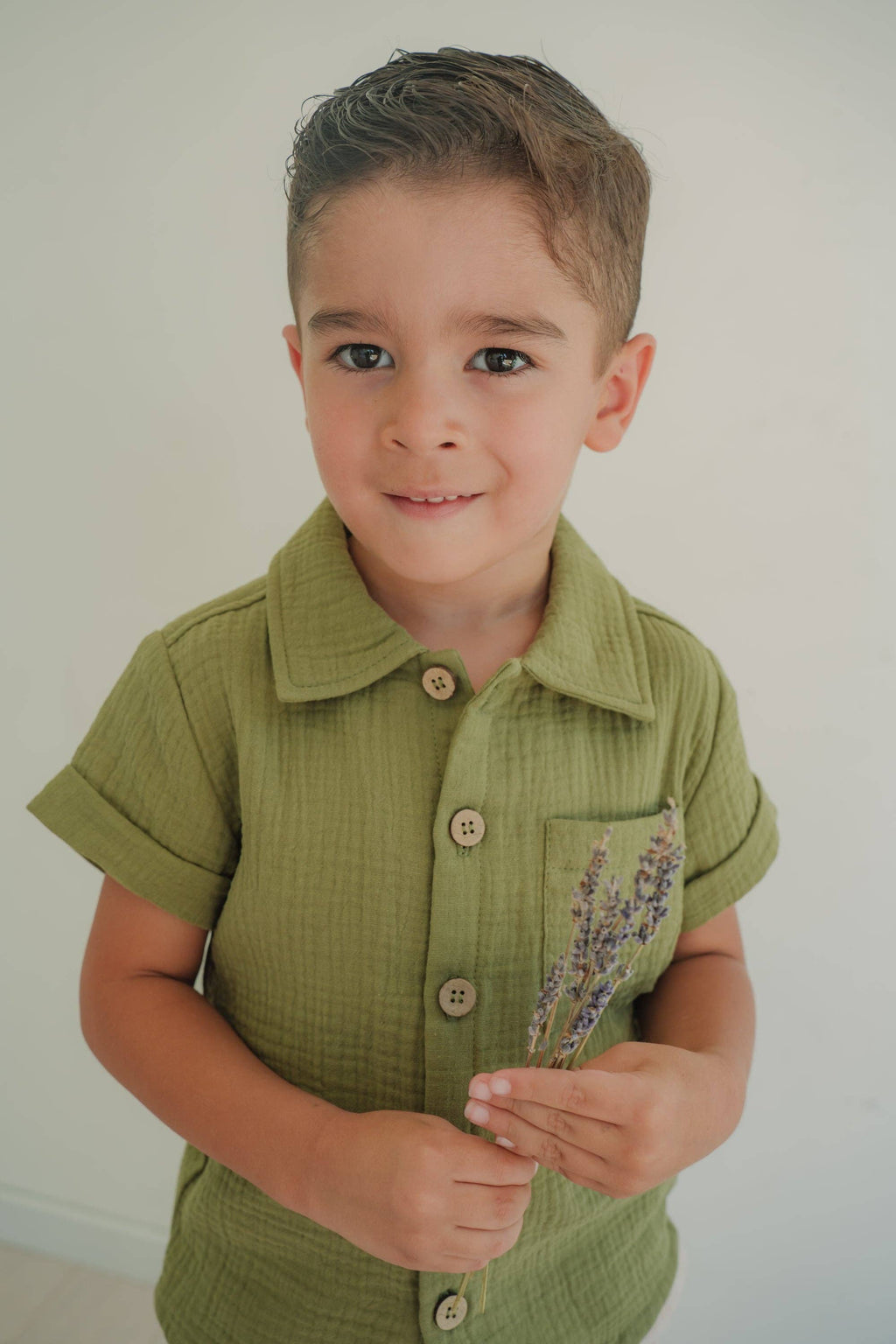 Organic short sleeve button up shirt in Olive Green