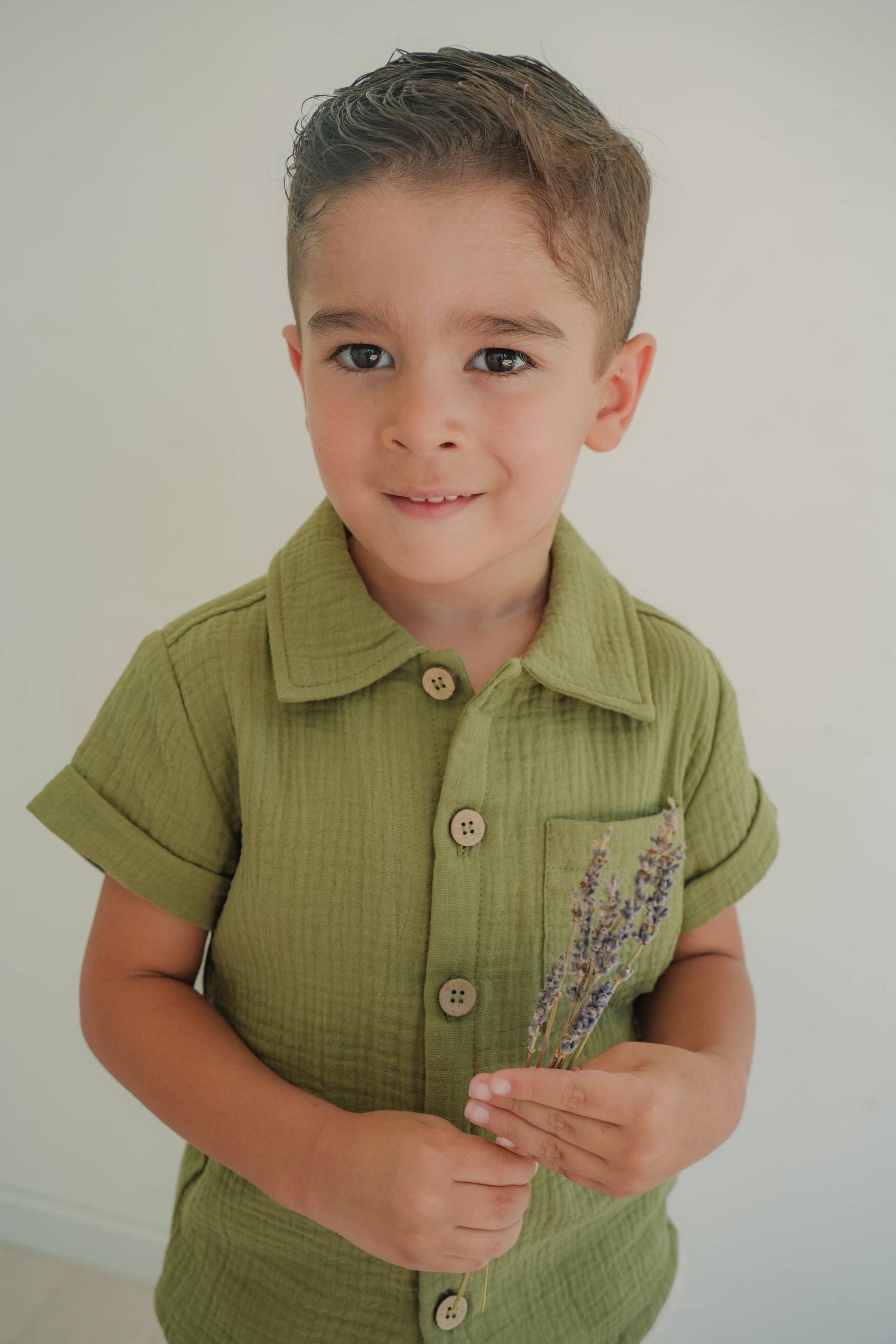 Organic short sleeve button up shirt in Olive Green