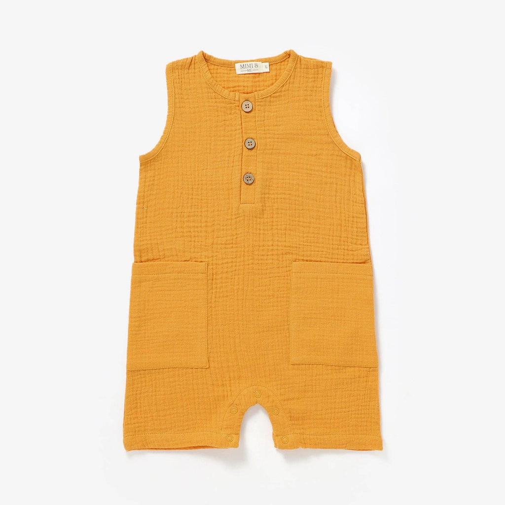 Sleeveless organic gender neutral muslin romper in Marigold