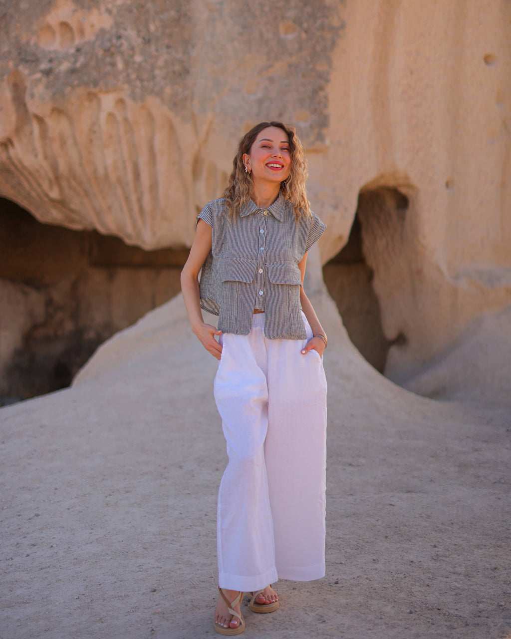 Sleeveless Striped Flap Pocket Double Gauze Shirt Crop