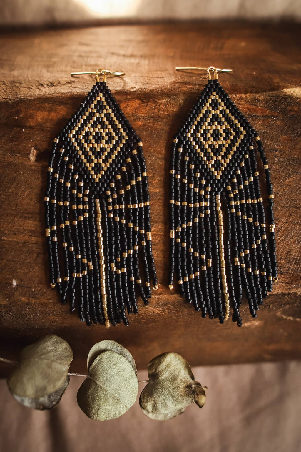 Tribal Diamond Fringe Earrings (Black/Gold)
