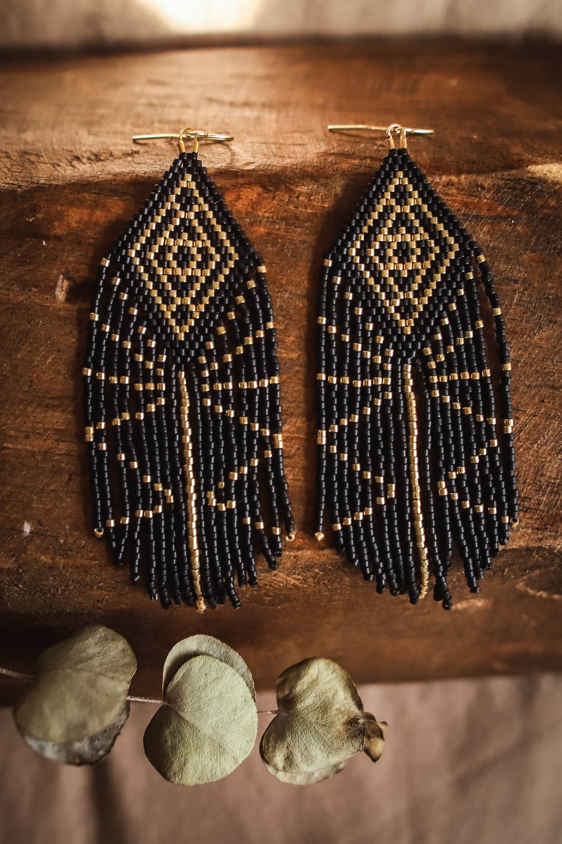 Tribal Diamond Fringe Earrings (Black/Gold)