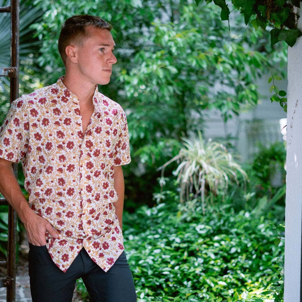 Orange Floral Slim Fit Mandarin Collar Shirt