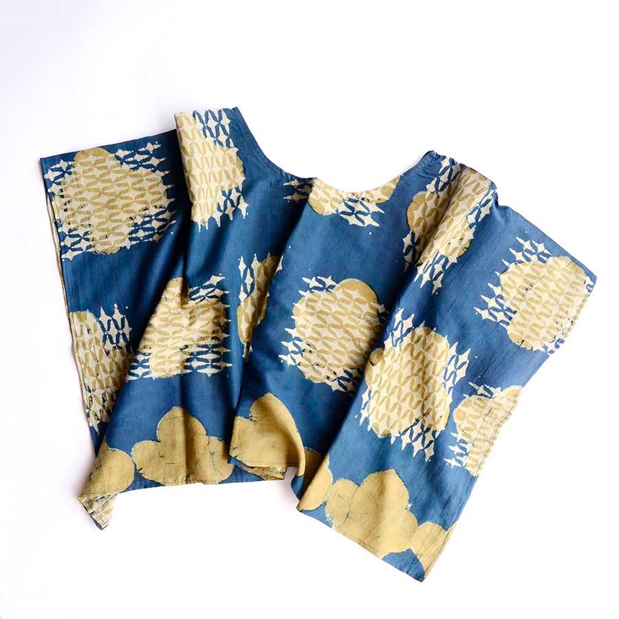 Blue Sheer Silk Cotton Blouse Block Print Crop Top - IRA