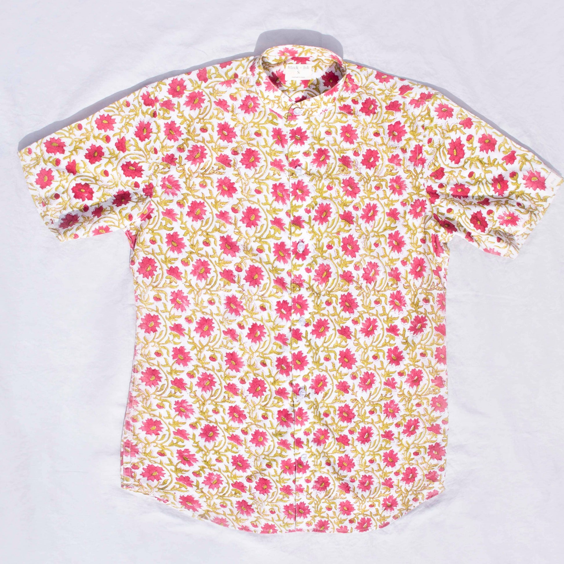 Orange Floral Slim Fit Mandarin Collar Shirt