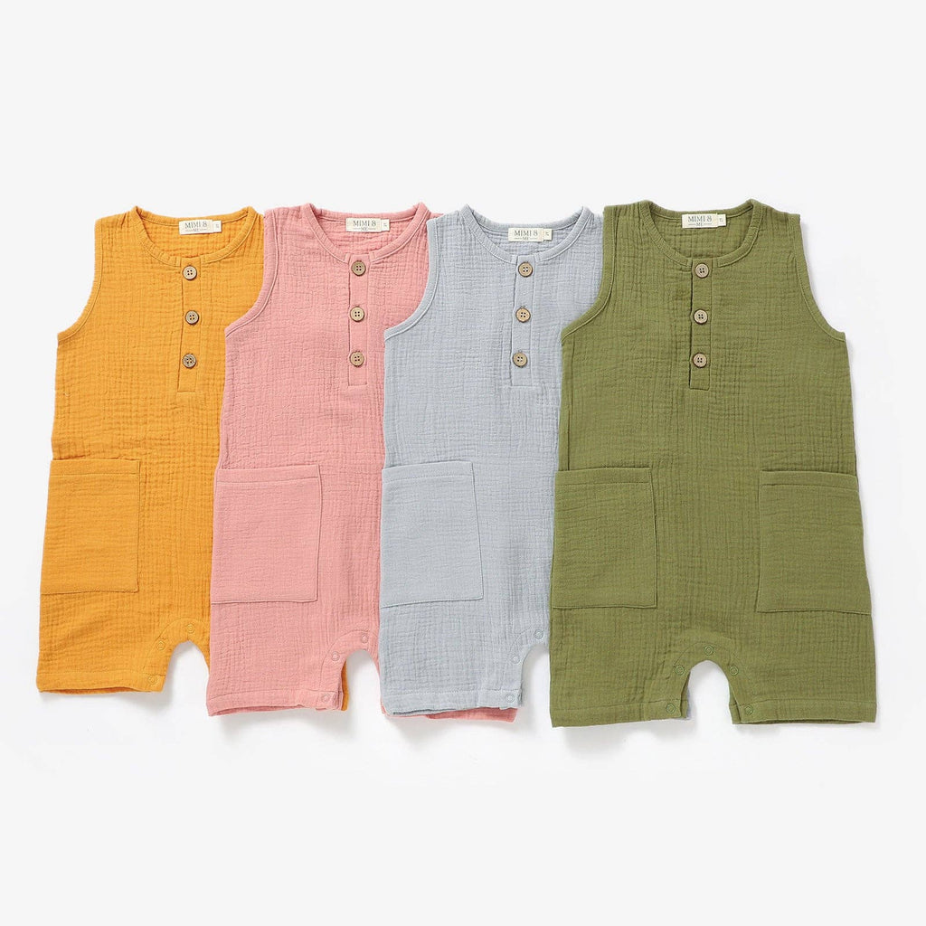 Sleeveless organic gender neutral muslin romper in Marigold