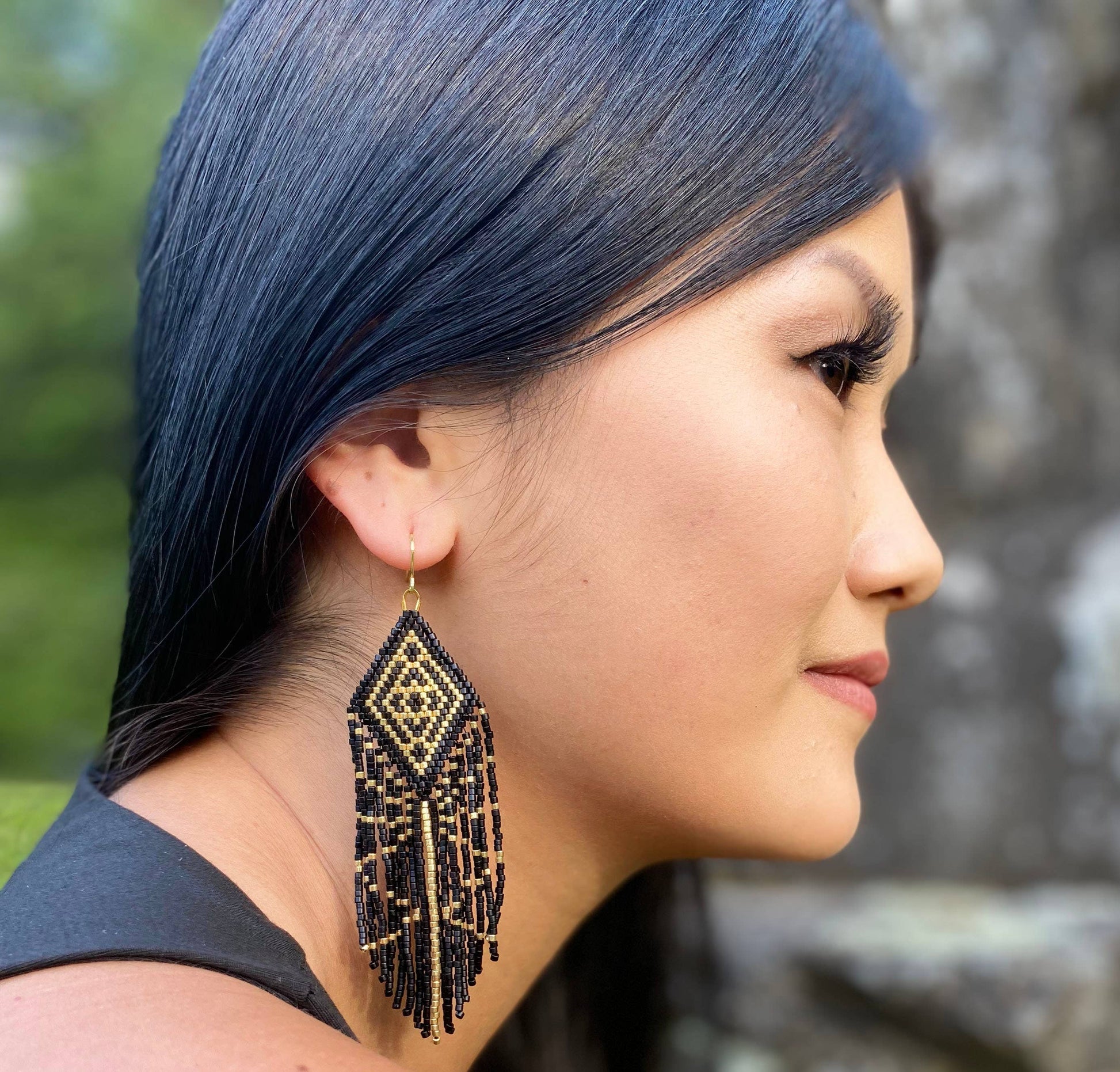 Tribal Diamond Fringe Earrings (Black/Gold)